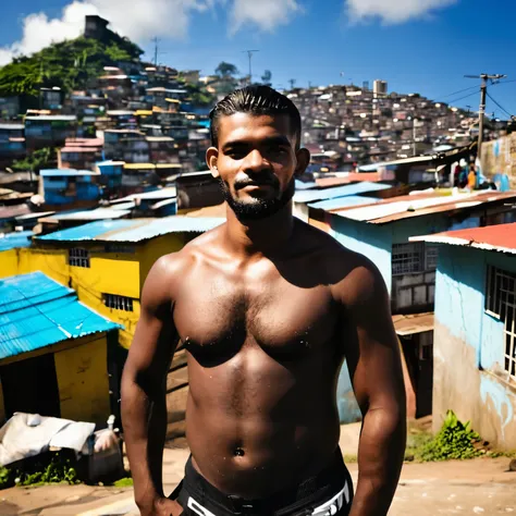 Macho,cabelo preto, favela owner profession,slum scenery