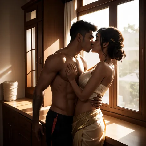 Young boy shirtless kissing a sexy woman wearing a saree near a windowsill, natural light beaming through window, passionate love-making, making out, intensely intimate