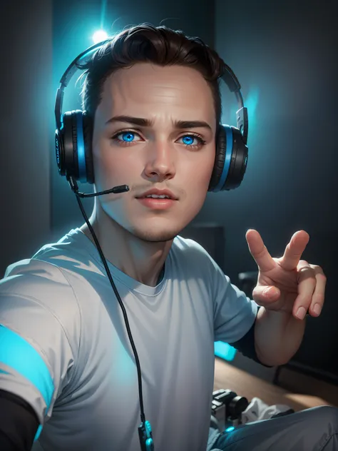 gamer, with a Sony camera in your hand, background in blue lights, HDR, 4k, black shirt, dark brown eyes, brown eye, black eyes, correct eye color