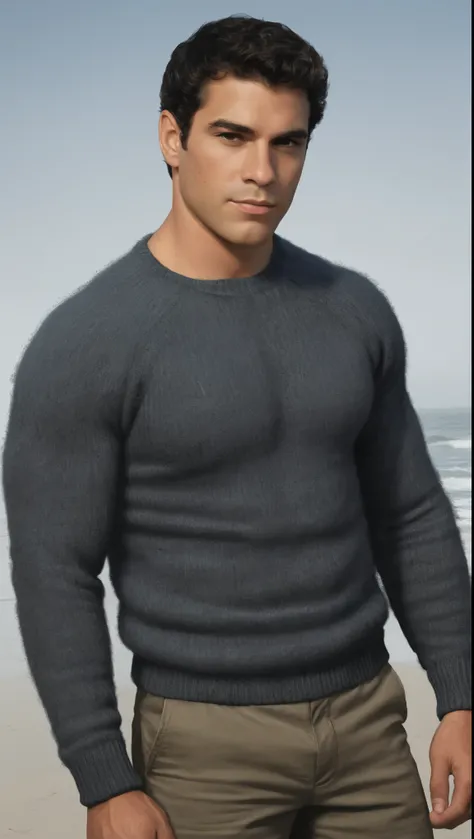 An illustrated movie poster, hand-drawn, full color, a secret agent, male, 21 years-old, wearing a rib-knit commando sweater and tactical pants, resembles a young Lou Ferrigno, sun-tanned skin, round face, average height, broad shoulders, soft belly, sligh...