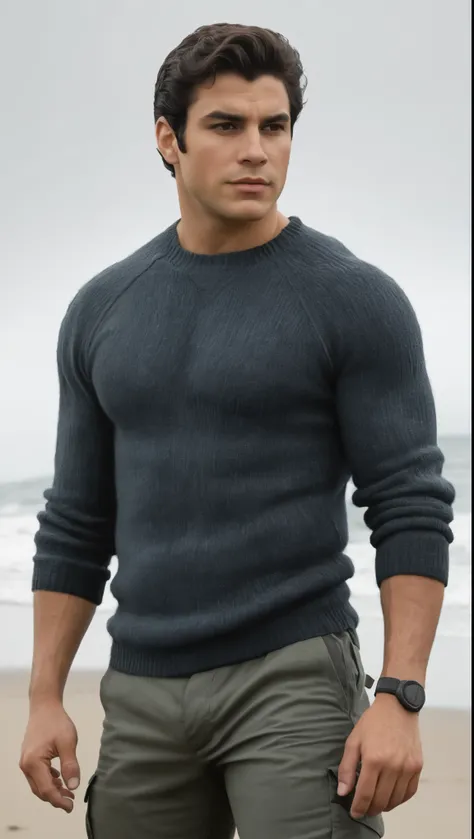 An illustrated movie poster, hand-drawn, full color, a secret agent, male, 21 years-old, wearing a rib-knit commando sweater and tactical pants, resembles a young Lou Ferrigno, sun-tanned skin, round face, average height, broad shoulders, soft belly, sligh...