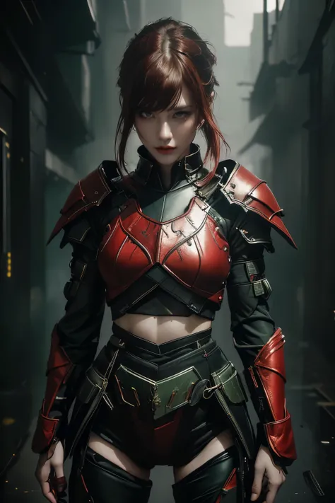 tmasterpiece,Best quality,A high resolution,8K,(Portrait photograph:1.5),(ROriginal photo),real photograph,digital photography,(Combination of cyberpunk and fantasy style),(Female soldier),20 year old girl,random hair style,By bangs,(Red eyeigchest, access...