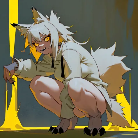 Furry wolf girl is wearing no clothes, baring her teeth threateningly, yellow eyes bright in the dark, and is squatting.