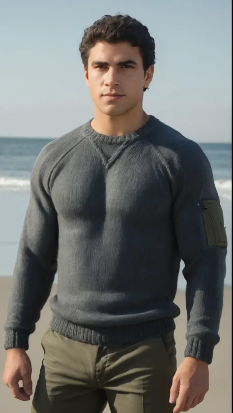 An illustrated movie poster, hand-drawn, full color, a secret agent, male, 21 years-old, wearing a rib-knit commando sweater and tactical pants, resembles a young Lou Ferrigno, sun-tanned skin, round face, average height, broad shoulders, soft belly, sligh...