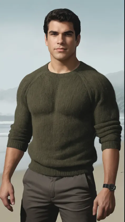 An illustrated movie poster, hand-drawn, full color, a secret agent, male, 21 years-old, wearing a rib-knit commando sweater and tactical pants, resembles a young Lou Ferrigno, sun-tanned skin, chubby face, average height, broad shoulders, soft belly, slig...