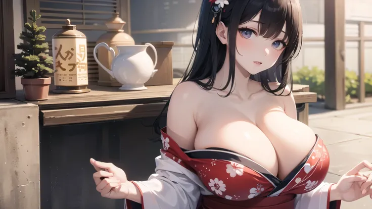 (((masterpiece, best quality))), (((superior quality))), cute girl, ((extremely detailed girl)), ((huge breasts)), yukata, bare shoulders, strapless top, random expression