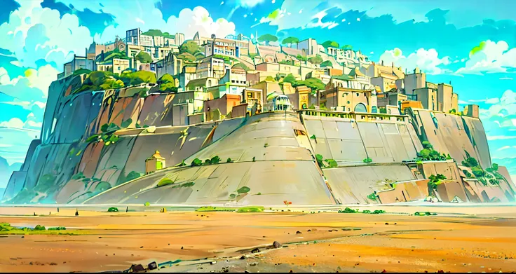 Desert Plateau City, flat topped mountain in the desert, town atop flat topped mountain, desert foreground, high cliff walls, Large city atop mountain, Blue and Gold color scheme only, Blue and Gold colors only, Blue and Gold, Made in Abyss, Stormlight Arc...