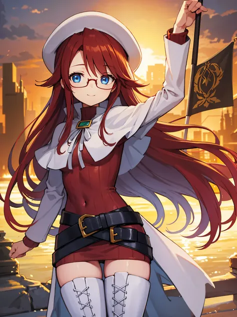 summonnightaty, aty, long hair, blue eyes, red hair, beret, hat, glasses,
BREAK long hair, thighhighs, hat, dress, boots, glasses, belt, cape, sweater, zettai ryouiki, beret, thigh boots, white footwear, ribbed sweater, loose belt,solo,
BREAK outdoors, fan...