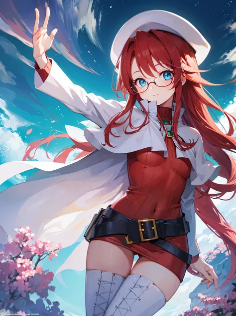 summonnightaty, aty, long hair, blue eyes, red hair, beret, hat, glasses,
BREAK long hair, thighhighs, hat, dress, boots, glasses, belt, cape, sweater, zettai ryouiki, beret, thigh boots, white footwear, ribbed sweater, loose belt,solo,
BREAK outdoors, fan...