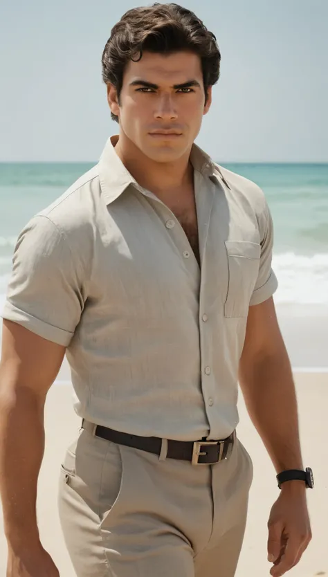 An illustrated movie poster, hand-drawn, full color, a secret agent, male, 21 years-old, wearing a linen shirt and chino pants, resembles a young Lou Ferrigno, sun-tanned skin, chubby face, average height, broad shoulders, soft belly, slightly overweight, ...