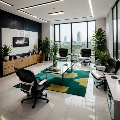 modern office design with sleek lines, glass partitions, and ergonomic furniture, creating a professional and efficient workspac...