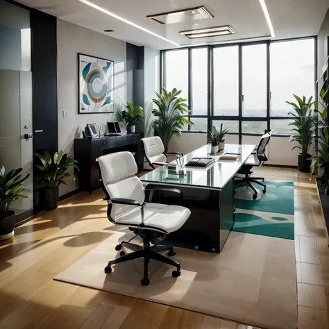 modern office design with sleek lines, glass partitions, and ergonomic furniture, creating a professional and efficient workspac...