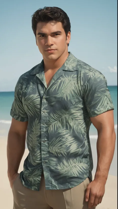 An illustrated movie poster, hand-drawn, full color, a secret agent, male, 21 years-old, wearing a Hawaiian shirt and chino pants, resembles a young Lou Ferrigno, sun-tanned skin, chubby face, average height, broad shoulders, soft belly, slightly overweigh...