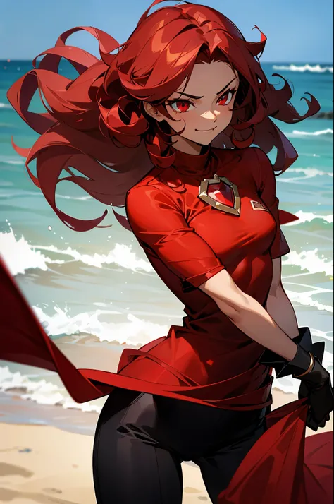 Dark Red Hair, Red Eyes, Muscular, curly hair, young female, red gem on chest,smirk expression, beach background, dark skin,long hair,red shirt, black pants, black gloves,
