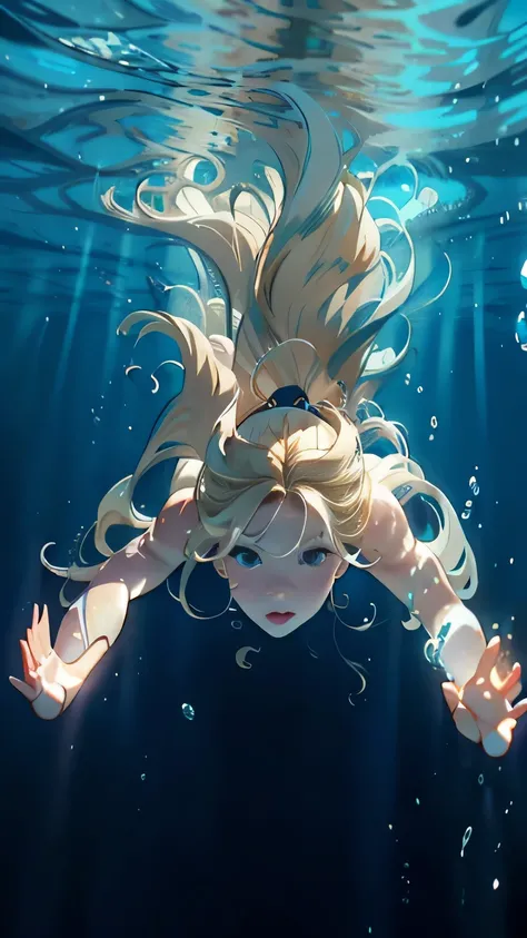 blond woman with long hair swimming in the ocean with her hair blowing in the wind, long flowing hair underwater, portrait of a woman underwater, underwater face, underwater photography, floating under water, suspended underwater, underwater photograph, fl...