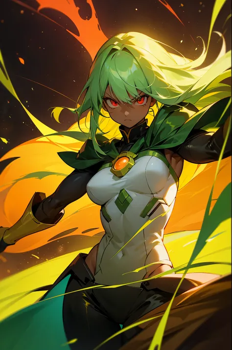 Light Green hair , Fiery Red Eyes, Muscular, straight hair,bangs, young female, green gem on chest,angry expression, space outfit, space background, dark skin,long hair,yellow cloak,
