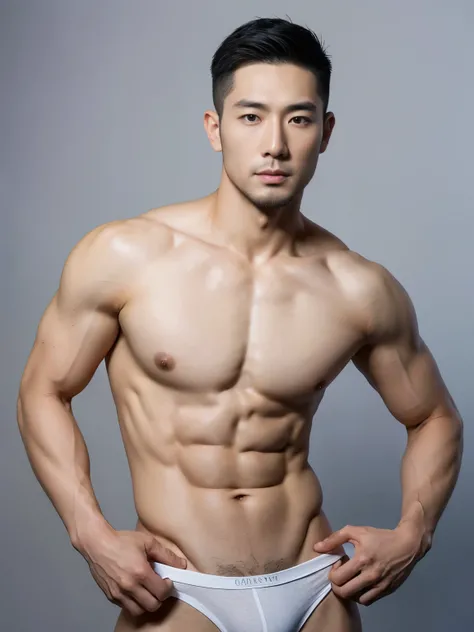 Handsome asian man in a briefs, handsome asian guy, handsome man, a little beard, beard, Full Body Shoot, photoshoot, portrait, look at camera, detailed facial parts, Manly, Charmer, Active Boy, standing, top tied up with rope, rope bondage, strangled with...