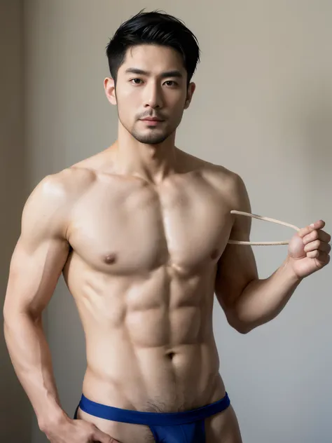 Handsome asian man in a briefs, handsome asian guy, handsome man, a little beard, beard, Full Body Shoot, photoshoot, portrait, look at camera, detailed facial parts, Manly, Charmer, Active Boy, standing, top tied up with rope, rope bondage, strangled with...