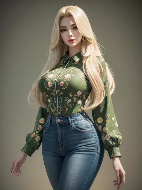 3d rendering style: perfect face high quality,Very longest blonde hair and huge longest black hair, woman clothes dress shirts white and jeans pants green style with floral patterns, biggest breasts,curvy body, yellow eyes, red lips, high face quality, per...