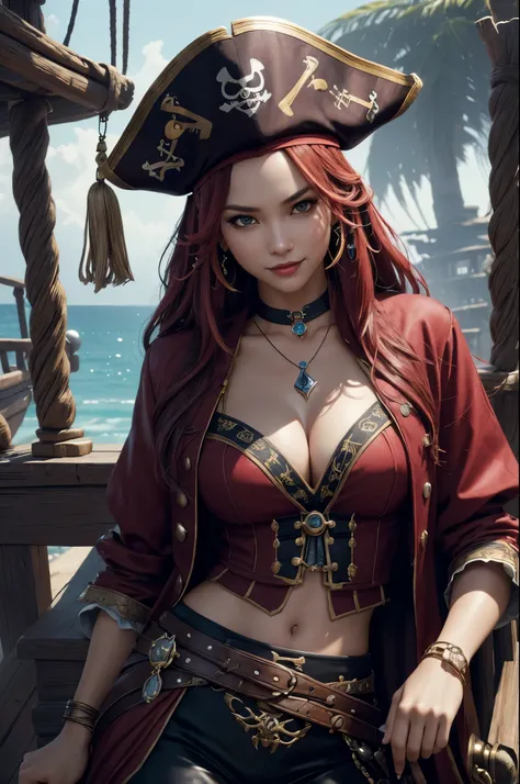 8K,(masterpiece, Interesting image of a pirate dressed in red tones、enchanting pirate..:1.3), (A captivating depiction of the perfect combination of charm and adventure..:1.2), (Carefully crafted to bring out the character&#39;s charm to the fullest..:1.2)...