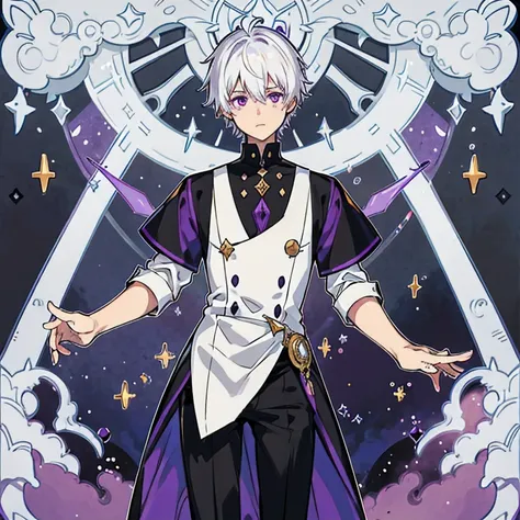 Young man covered in cosmic energy with short white hair and purple eyes,con traje de asesino negro y morado