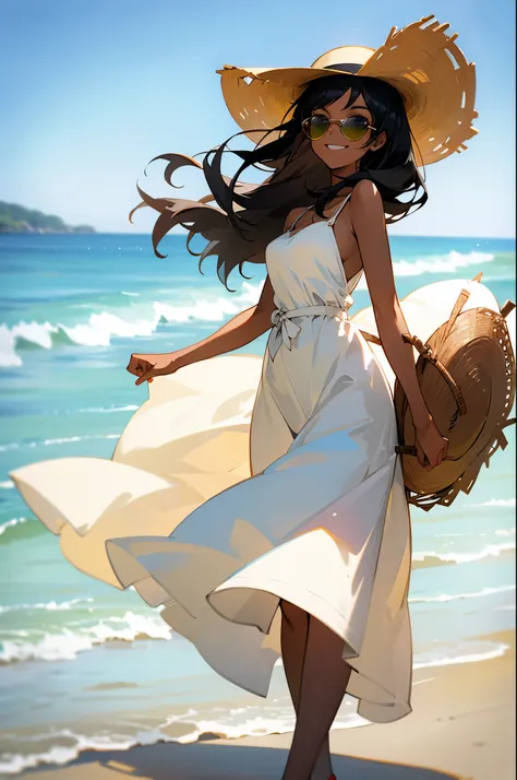 black hair, dark skin, sundress, smiling, sun hat, young female, sunglasses, beach background