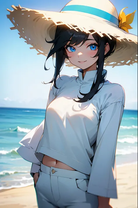 black hair, white shirt, smiling, sun hat, young female, beach background, white pants, blue eyes