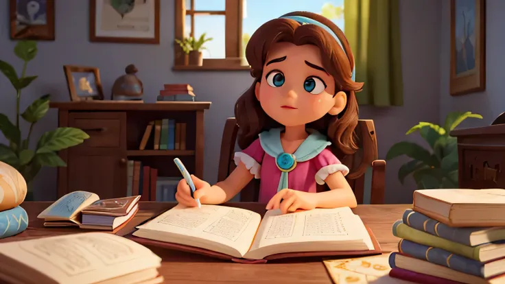 Gere a imagem em estilo Disney pixar carton da seguinte sena: Era uma vez, in a small town in the heart of a beautiful forest, vivia uma garotinha curiosa chamada Sofia. Um dia, while exploring his grandmother&#39;s dusty attic, ela encontrou um livro anti...