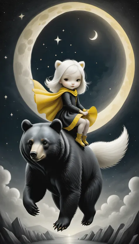 fox, riding on back of a bear, Eduard Wiiralt and Nicoletta Ceccoli style, black-yellow-white computer drawing, mysterious, moon, night, 4