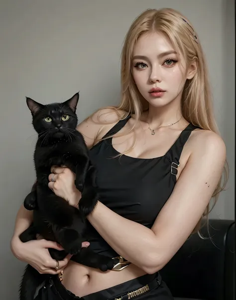 ulzzang blonde, blonde hair, hair blonde, mulher holding a black cat in her arms, garota gato atraente, linda jovem gata, muito ...