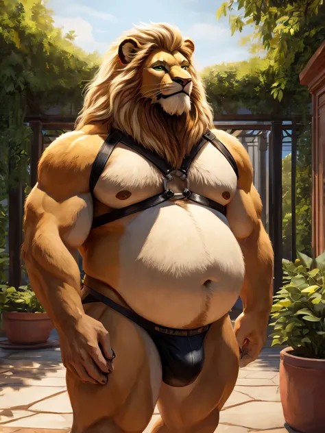 Lion, male, long and blond mane, blond beard, green eyes, very big and round fat belly, obese, chest harness, tight and fitting jockstrap, sexy gaze, alone, standing, garden terrace, high-quality 4k resolution, ultra-detailed, realistic:1.37, oil painting,...