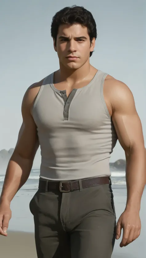 An illustrated movie poster, hand-drawn, full color, a secret agent, male, 21 years-old, wearing a Henley shirt and tactical pants, resembles a young Lou Ferrigno, sun-tanned skin, chubby face, average height, broad shoulders, soft belly, slightly overweig...