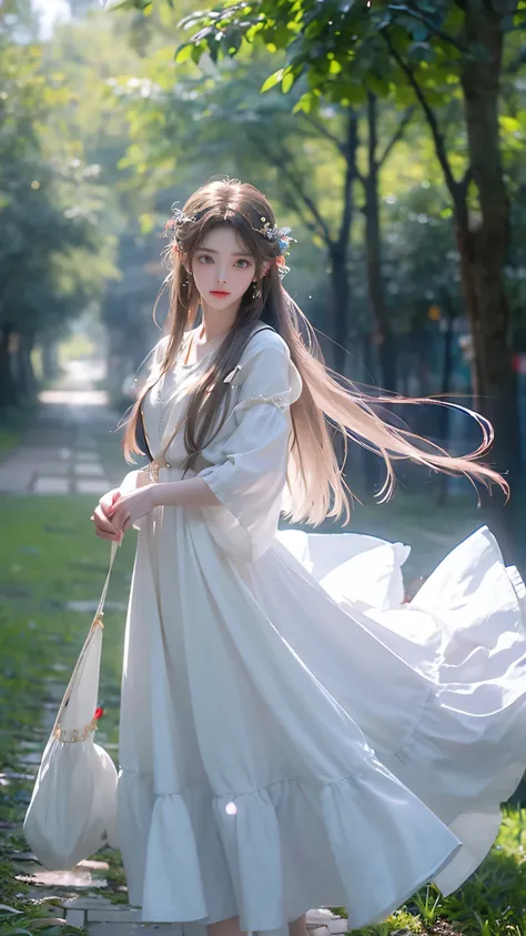 girl with、Walk among fairies dressed in bright white clothes and wearing beautiful reality、Ultra-detailed and precise、high-level image quality、Masterpeace、Best Quality、ultra -detail、blue eyess、