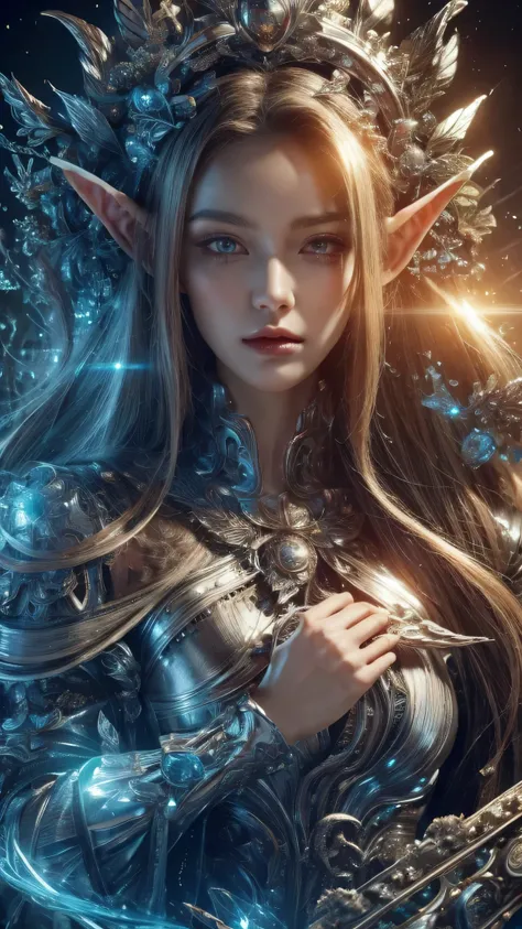 (Best quality, 4k, High-resolution, Masterpiece:1.2), Ultra-detailed, Realistic, Radiant lighting, Epoch Elves, Portraits, Fantastical colors, Fine art, Ethereal beings, Dreamlike, Whimsical creatures, Detailed facial features, Glowing eyes, pointy ears , ...