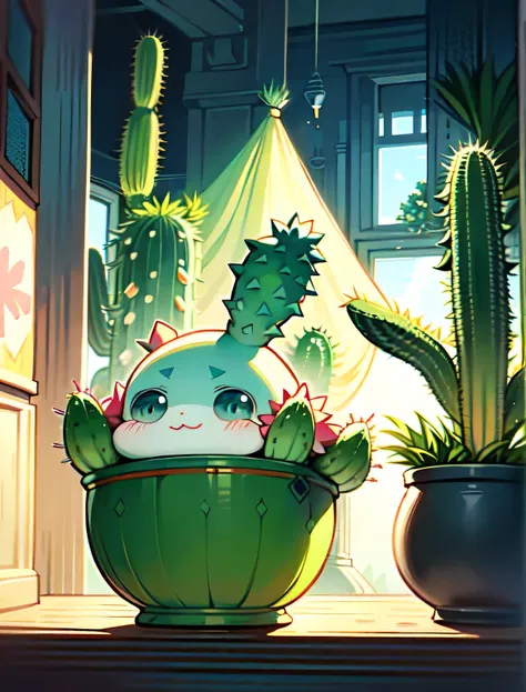 a cartoon cactus, anthropomorphic cactus, cute cartoonish, beautiful illustration, detailed digital art, cute art, cute pokemon style, adorable, holding a cactus