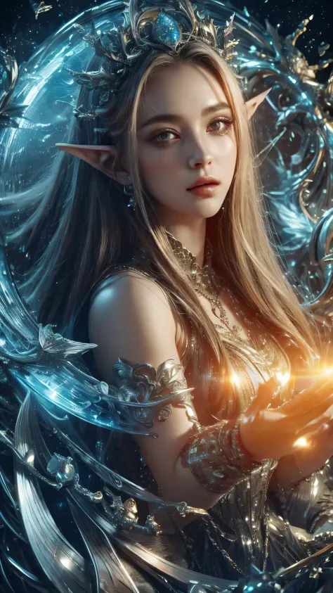 (Best quality, 4k, High-resolution, Masterpiece:1.2), Ultra-detailed, Realistic, Radiant lighting, Epoch Elves, Portraits, Fantastical colors, Fine art, Ethereal beings, Dreamlike, Whimsical creatures, Detailed facial features, Glowing eyes, pointy ears , ...