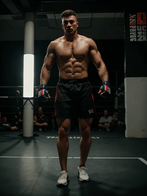 ((full body)) , athletic male MMA fighter, cinematic, detailed , punching, facing camera, standing strong