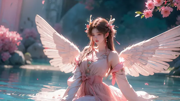 holy light butterfly angel girl，butterfly wings，chest shooting(mcu)，in the style of rococo pastel hues，light white and light red...