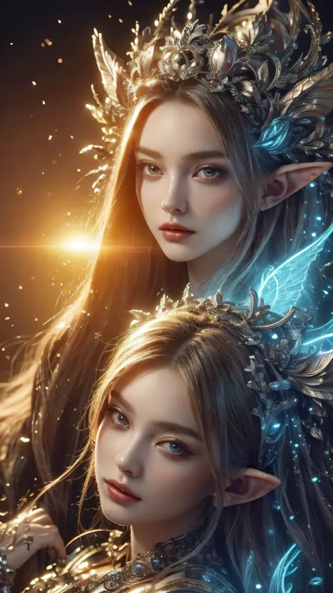 (Best quality, 4k, High-resolution, Masterpiece:1.2), Ultra-detailed, Realistic, Radiant lighting, Epoch Elves, Portraits, Fantastical colors, Fine art, Ethereal beings, Dreamlike, Whimsical creatures, Detailed facial features, Glowing beautiful eyes, poin...