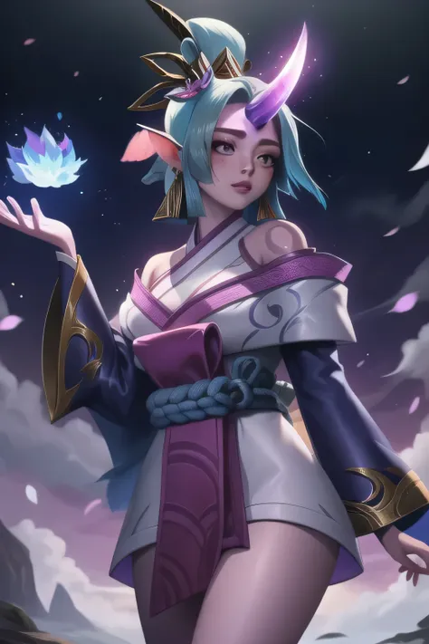 (masterpiece, best quality:1.2), intricate details, spirit blossom soraka, 1girl, purple skin, colored skin, single horn, kimono...