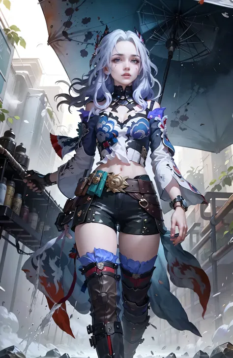 Raiden Mei from Honkai Star Rail in an artstyle reminiscent of HSR, standing with long hair, purple eyes, and a katana, wearing thighhighs, gloves, shorts, and a crop top, holding an umbrella in the rain. The scene is detailed, hyperrealistic, and cinemati...