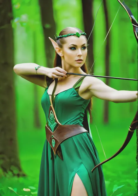 woman in green dress holding a bow and arrow in the woods, female forest archer, elven warrior princess, centered elven, very beautiful elven top model, epic elven warrior, beautiful wood elf, elven, elven princess, with bow and arrow, alluring elf princes...