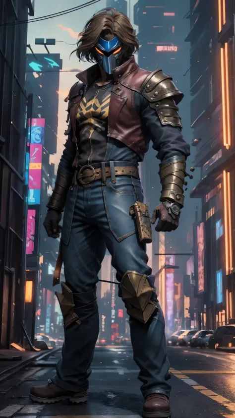 An adult man with tousled and messy dark blonde hair, a metallic beast concept mask covering his entire face, full mask, cold and penetrating gaze, a sturdy physique, a loose cyberpunk-style short jacket over a T-shirt, metal wrist guards, a belt around hi...