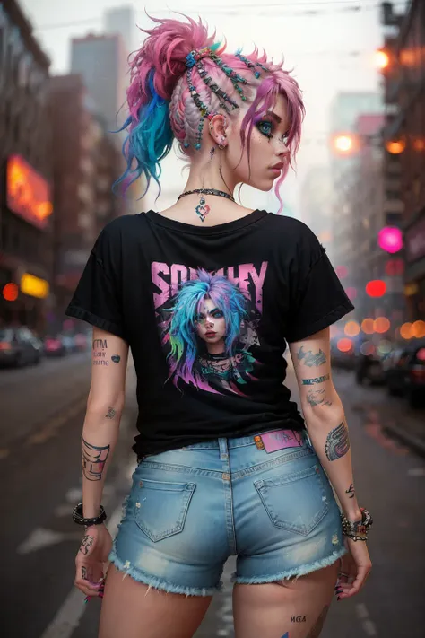 in the heart of a grungy city, an alternative girl stands out with her vibrant persona. her bright, neon-colored hair cascades d...