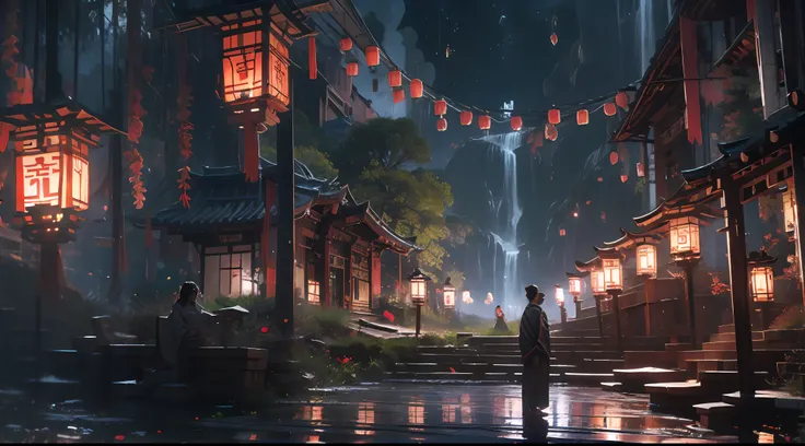 （tmasterpiece：1.2），best qualtiy，realisticlying，Tyndall effect，Underworld marriage，natta， lanterns， The tree， scenecy， exteriors， 1boys， solo， brunette color hair， Japanese clothes， from back， malefocus， standing on your feet， east asian architecture， bulid...