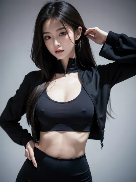 A Korean woman 18 wears a goth sports bra and a tight laggin, sie posiert im fotostudio, zwei Beine, nasses, welliges Haar im Wind. shes a men magazine model, She has a subtle smile and flirts with the camera, ,sie posiert in einem fotostudio (im Abendlich...