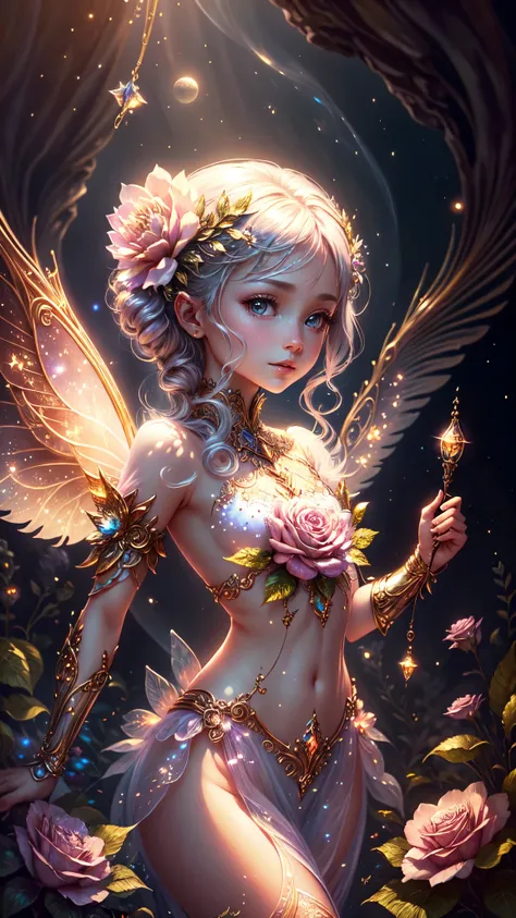 1 moon，beautiful transparent flower fairy baby, detailed face, detailed eyes, detailed hands, transparent colorful wings, the wa...