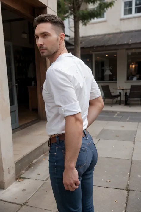 muscular manly man, 40 years old, full length, beard, turning to the camera, stone jeans. White shirt .Same model, backside. Adam levine