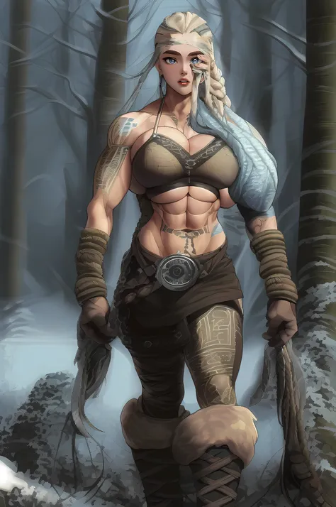 solo Female viking, (young:1.2), (((massive female bodybuilder))), wearing brown furs and hides, (wearing furs:1.3) (blue norse tattoos:1.2), blue eyes, platinum blonde hair, (Dreadlocks:1.7), (Dreads:1.4), (Sideshave:1.6), warrior hair, Setting is a Scand...