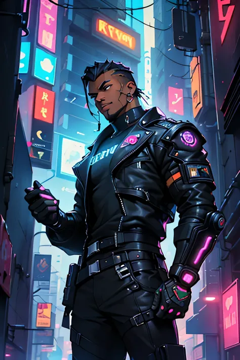 ((best quality)), ((masterpiece)), (detailed), perfect face, cyber punk, cyberpunk, lawman, black male, handsome, piercings, buff, tall, lean, high fantasy, neon lights, military, cyberware, soulful, determined, epic instagram, dark skin, detective, intern...